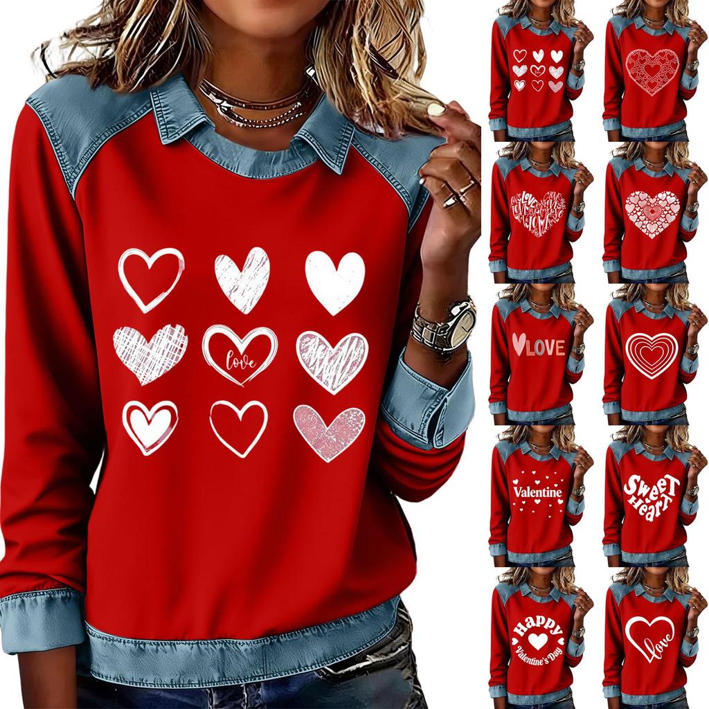 Damenmode Ausgestelltes Langarm Denim Patchwork Sweatshirt Valentinstags-Print Lässiges Pullover-Oberteil