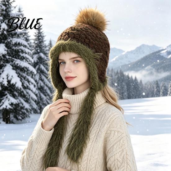 Cozy Autumn Winter Hat Women Knitted Earflap Hat Fuzzy Trim Pompom Soft Warm Stylish Travel Cap Knit for Outdoor Cycling Cold Weather Daily