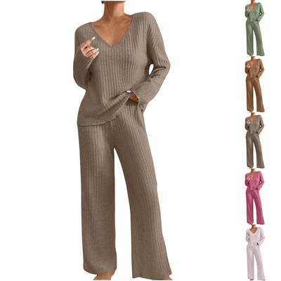 Women's Solid Color Stripe V-neck Long Sleeved Top And Pants Two-piece Set
