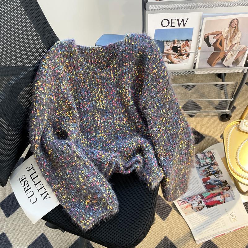 Autumn and Winter Vintage Pullover Sweater for Women Loose Candy Color V-neck Knitted Sweater Top