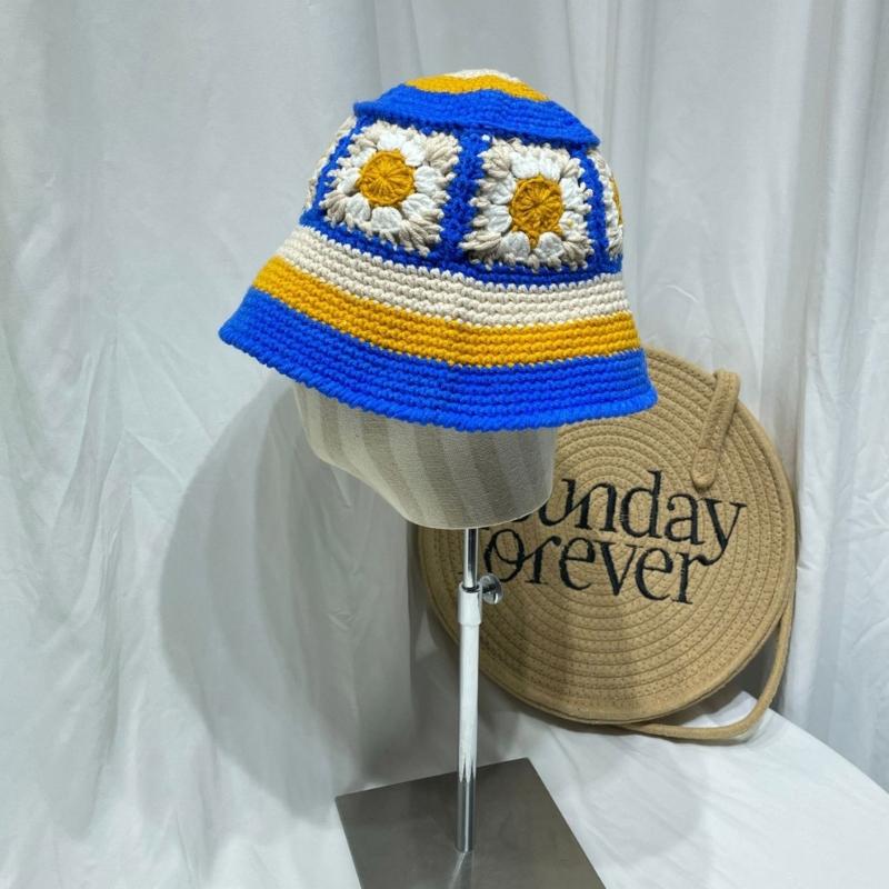 Sweet Girl Crochet Bucket Hat Cute Ladies Fisherman Cap with Flower Pattern Woman Teenagers Casual Summer Sunproof Hat