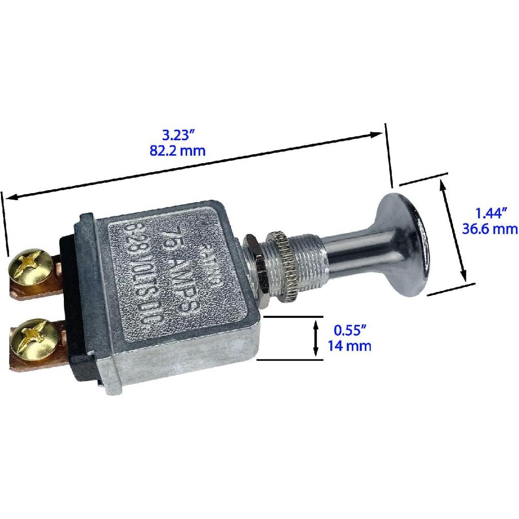 Heavy Duty Push Pull Switch, 75A On-Off 2 Position SPST Toggle Switch 6–28V DC 12V Chrome Knob, Screw Blade Terminal Cut Off Switch for Car, Truck,