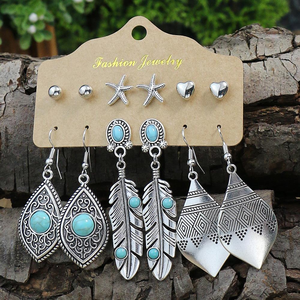 Vintage Fashion Earring Set Silver Plated Turquoise Inlaid Beaded Large Collar Snake Leaf Decoration Party Gifts