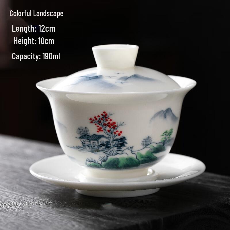 Meishangyuan Hand-Painted Suet Jade Sancai Gaiwan