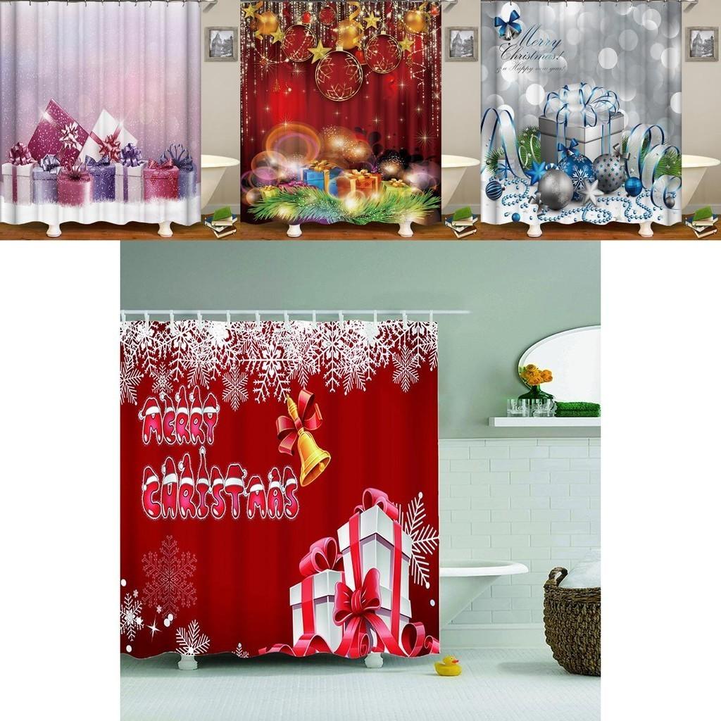Festive Christmas Gift Boxes In Snow Shower Curtain Waterproof Fabric With Hooks