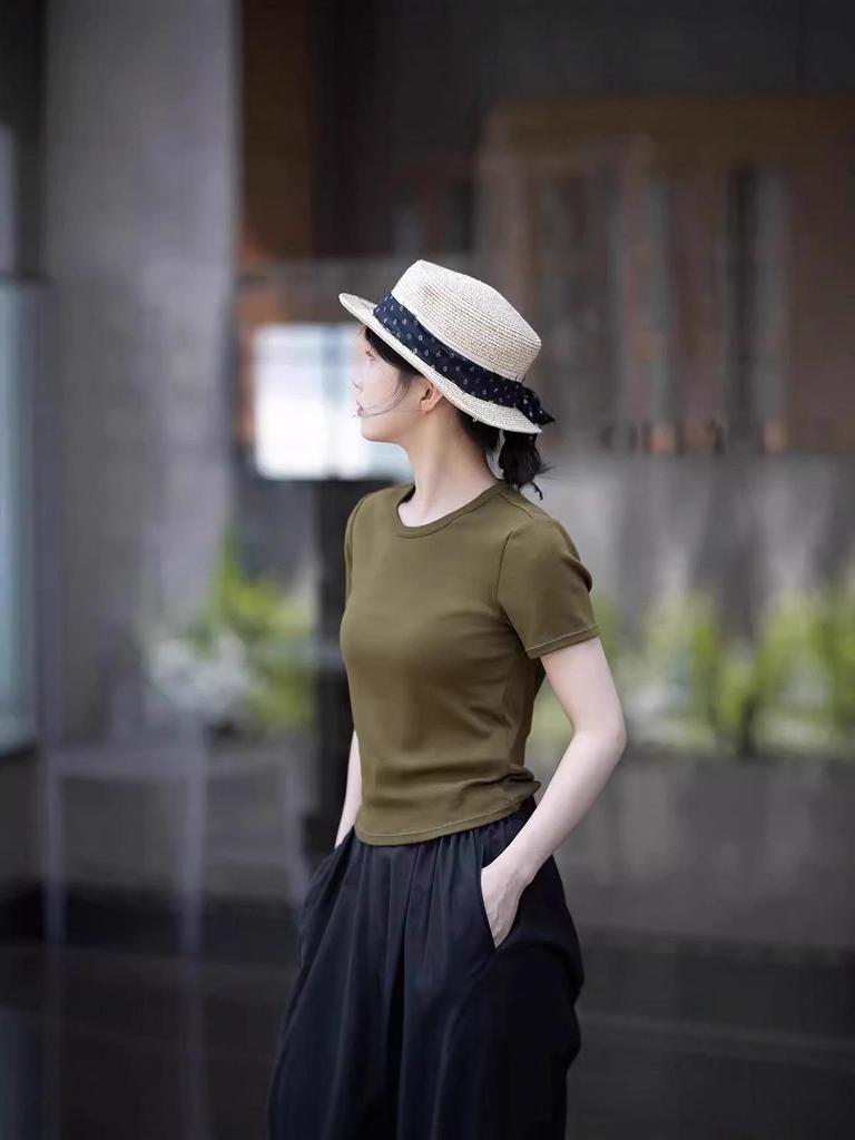 Women's Slimming Round Neck Olive Green Ribbed Cotton T-shirt