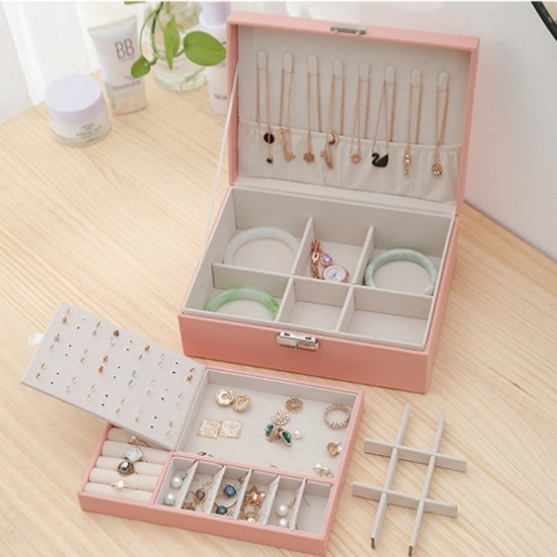 1pcs Double Layer Storage Box For Men And Women Large Capacity Leather Jewelry Box Hardware Latch Travel Portable Flip Lid Palm