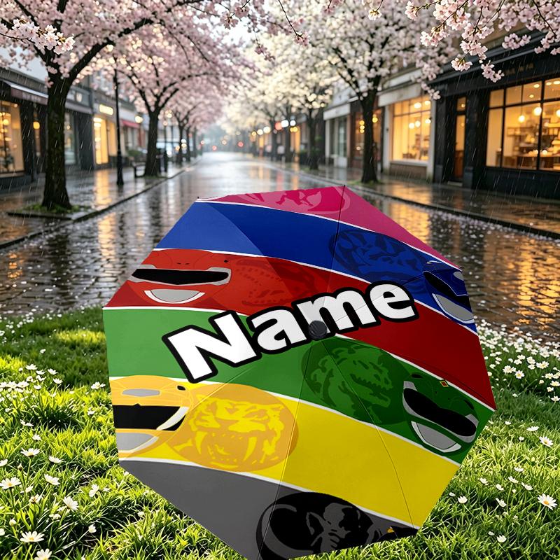 Custom Name Personalized Mighty Morphin Power Rangers Print Umbrella, Auto Open Close, 8‑Rib Sturdy Frame, Commute Camping Hiking Use, Birthday Gift