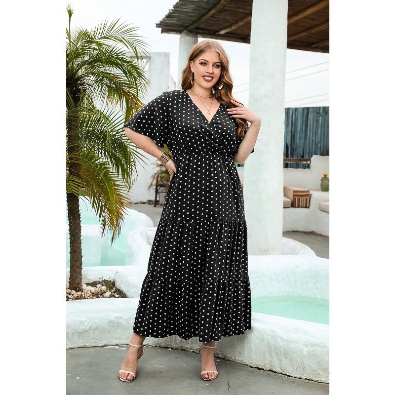 Plus Size Women's Big Size Polka Dot Casual v-Neck Elegant Hem Midi Dresses