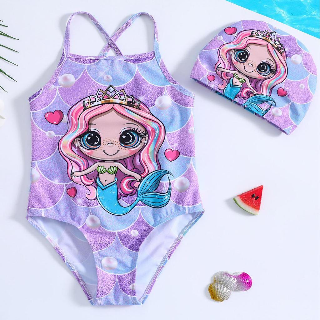 Exclusive Mermaid Print Halter Swimsuit for Baby Girls