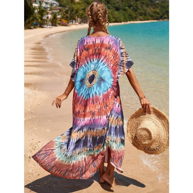 Damenmode Sommer Frühling Farbblockdruck Kurzarm V-Ausschnitt Lockere Taille Freizeitkleider