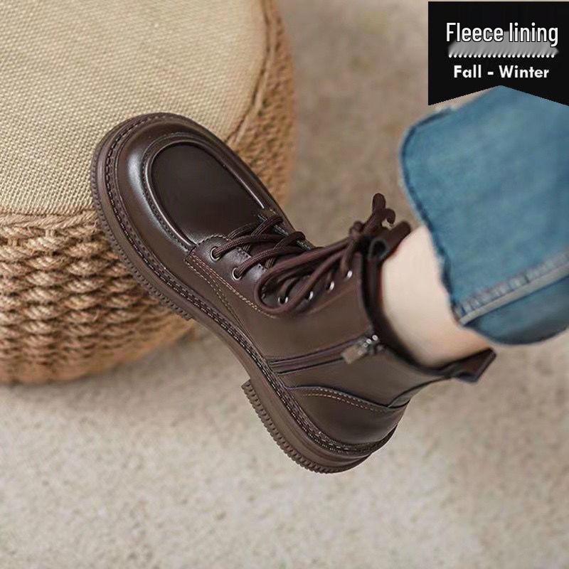 

2023 Women s British-Style Thick-Soled Ankle Boots - Fleece-Lined, Brown, Autumn/Winter Motorcycle Design 38
