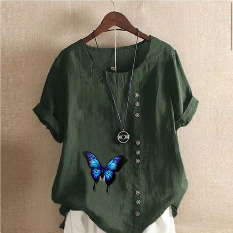 Camiseta de manga corta con cuello redondo para mujer, blusa informal de lino y algodón con estampado de mariposas, holgada y de verano