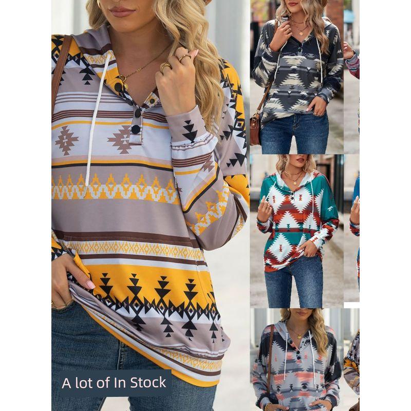 

Amazon Fashion Стиль Мода Осень и Зима Новое поступление Геометрический узор Длинные рукава Свободный Худи на пуговицах с карманом Женский Color 3 2XL