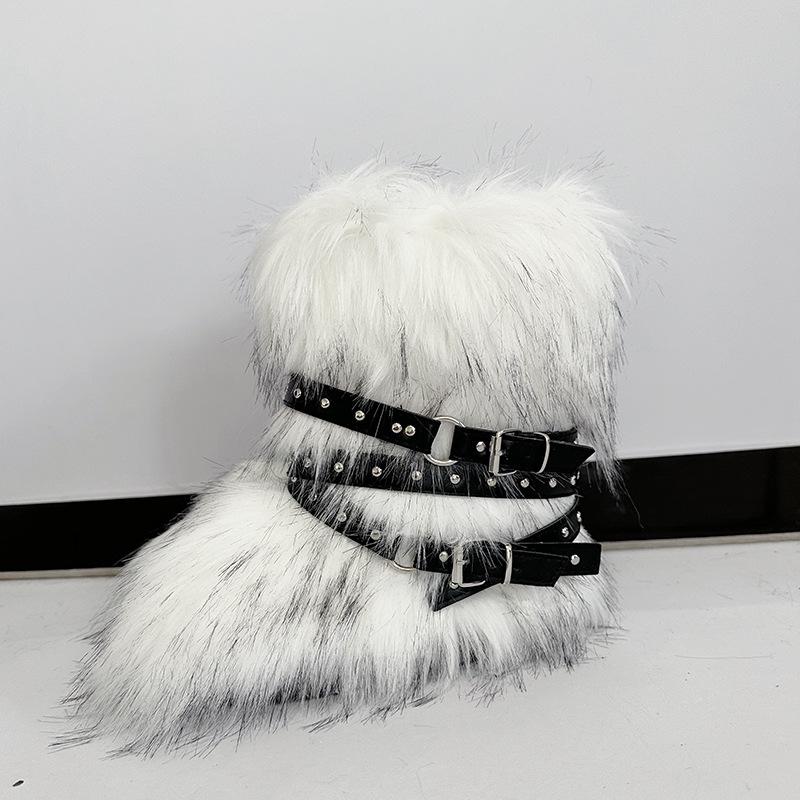 Damen Winterimitat Fuchsfell Stiefel Gürtel Punk Europäisch und Amerikanisch hoher Schaft 40 langer Schaft Schneestiefel Schuhe