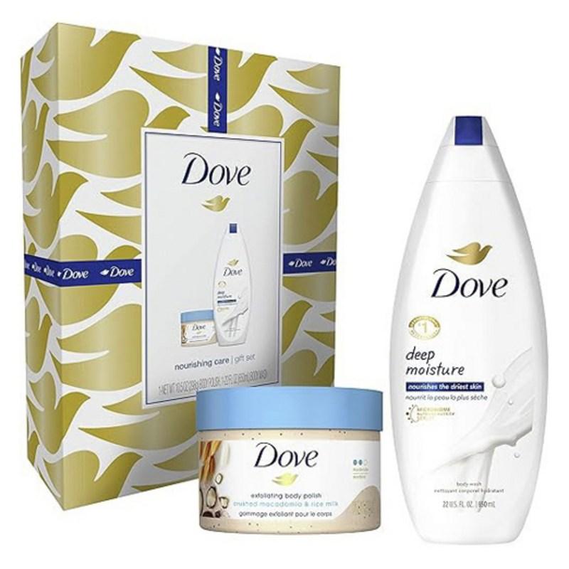 Dove Winter Glow Geschenkset Peeling-Körperpeeling Gemahlene Macadamia & Reismilch + Tiefenpflegende Körperwäsche, 1 Stück