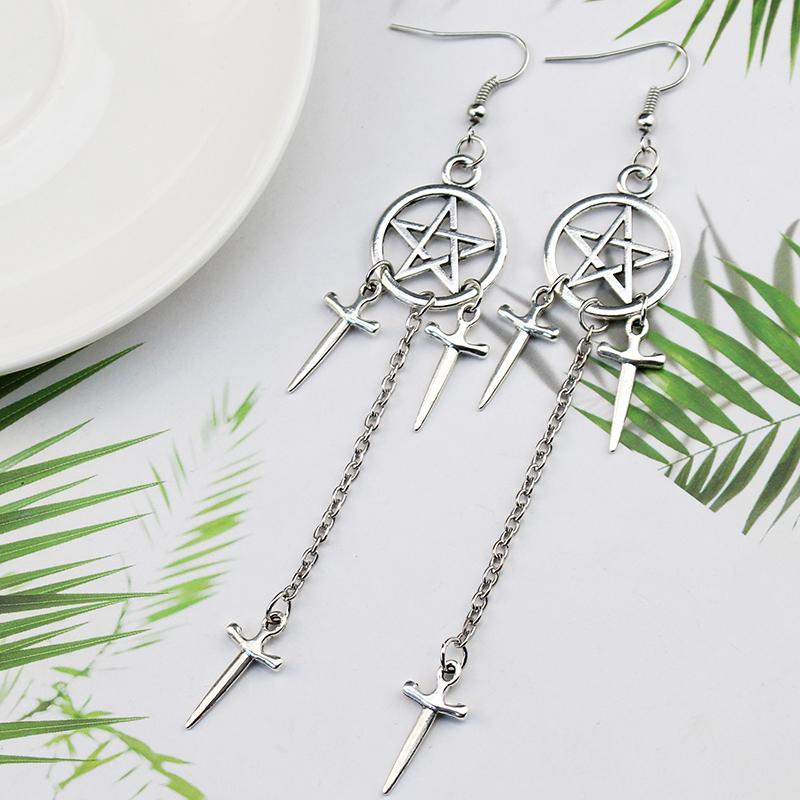 Pentagram Sword Earrings Silver Plated Hug Hoop Pendant Witch Jewelry Pagan Wikentaro Gothic Emo Women's Gift