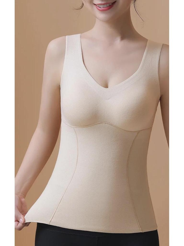 2023 Women's Autumn/Winter Seamless Warm Vest with Built-in Chest Pad, Velvet Heating, and Body Shaping Wool Bottoming Shirt