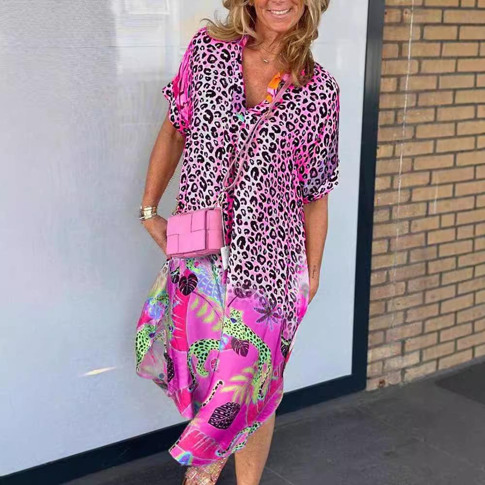 Leopard Print Patchwork Dresses Women V-neck Short Sleeves Pocket Loose Slit Midi Dress