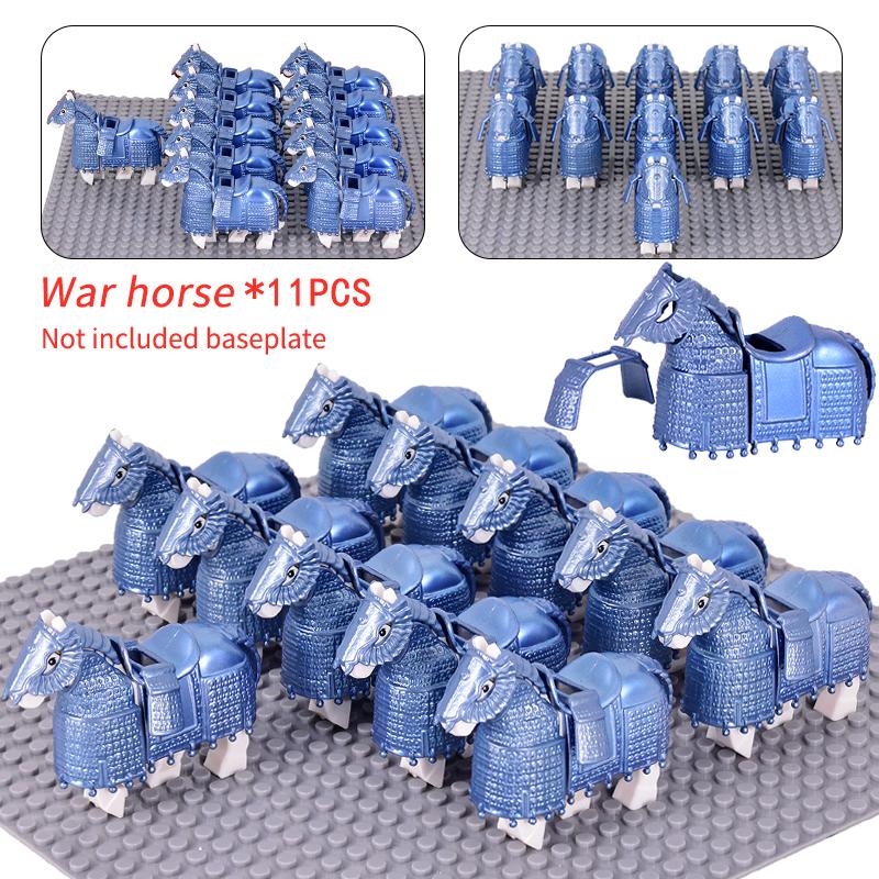 11pcs Medieval Gothic War Horse Building Blocks Silver/Gold/Iron/Armored Horses Battle Steed DIY Bricks Toys