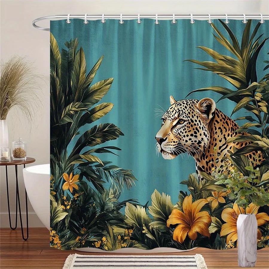 

1Pc Majestic Leopard & Tropical Foliage Shower Curtain With Hibiscus Flowers - Realistic Wilderness Design, Durable Polyester Fa W60H190(CM)-1 Pcs