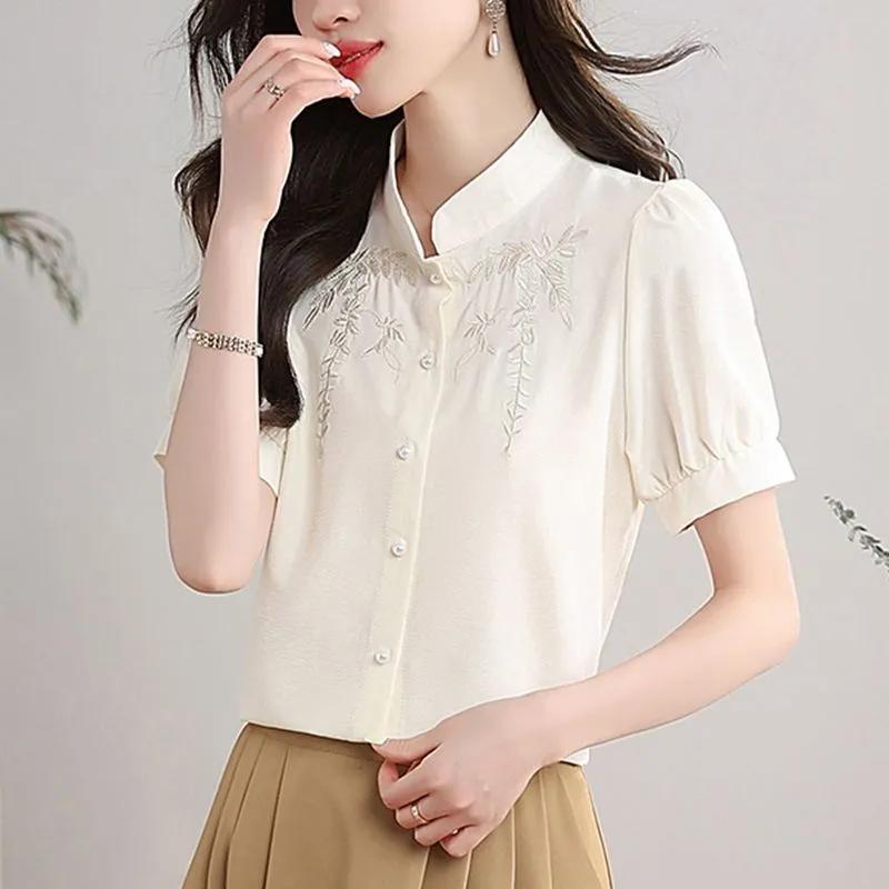 

Women s Beige Chinese Style Embroidered Short Sleeve Blouse Stand Collar Casual Top M бежевый
