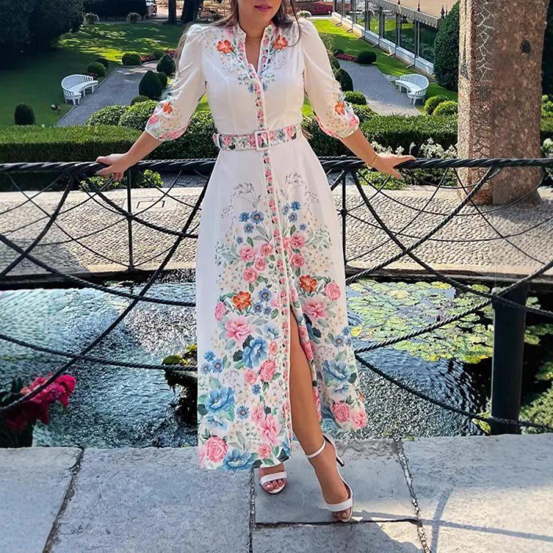 

European and American Vacation Print Slim fit Bandage Shirts Long dress Women s Printed Shirt Dress White XL