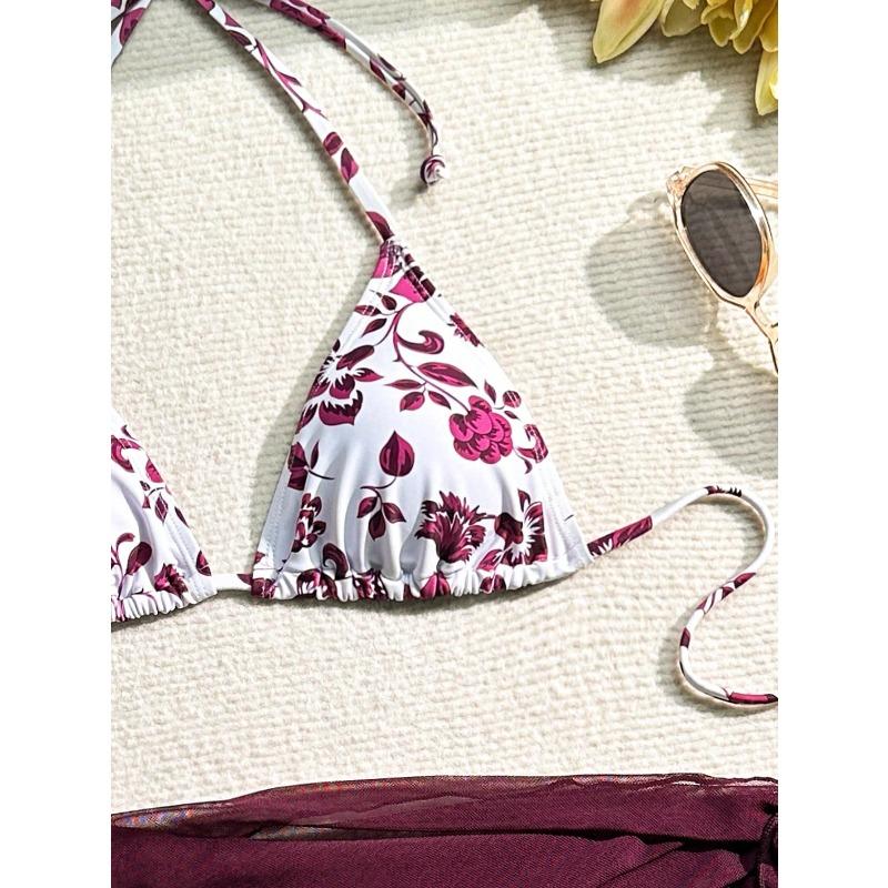 Patchwork print bikini split three-piece set with a high waist and conservative belly cover to show slim and individual