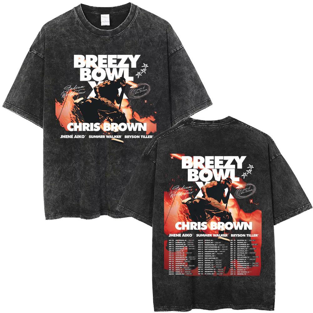 Rapper Chris Brown Breezy Bowl XX Tour  Vintage Washed Tshirts Men Women Hip Hop Fashion T Shirts Male Cotton Retro Tshirt