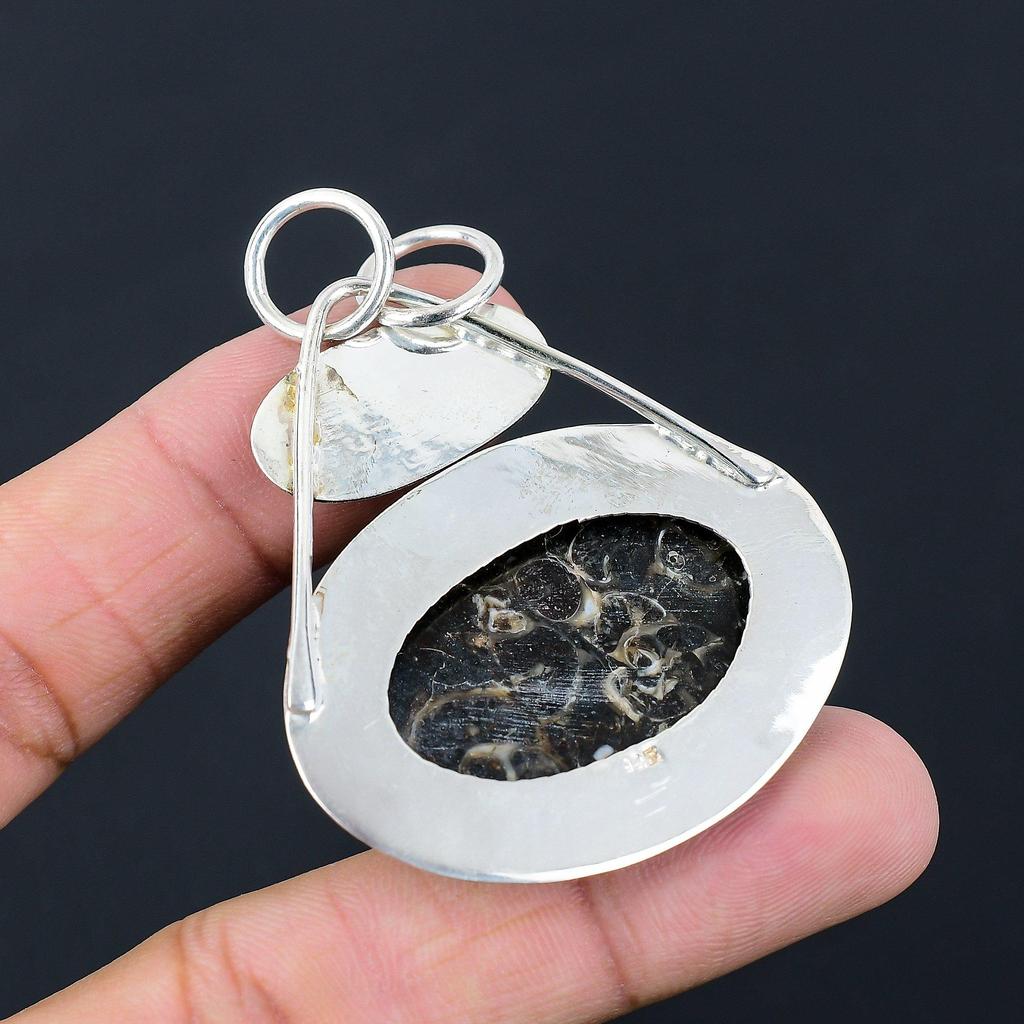 Sterling Silver Oval Turritella Agate Gemstone Daughter Birthday Pendant Jewelry