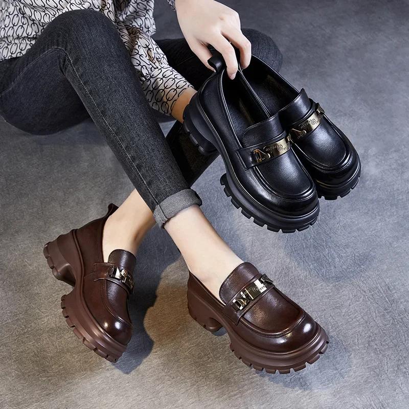 6CM Genuine Cow Leather Loafers Women 2024 Autumn New Design Pumps Round Toe Metal Thick High Heel Chunky Platform Shoes