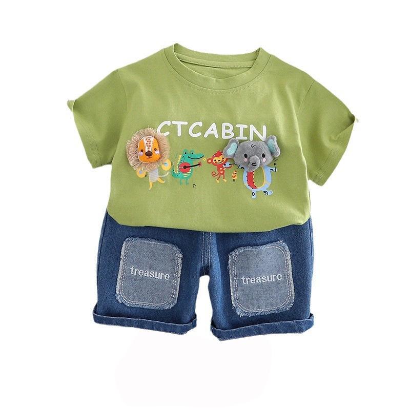 2025 Summer Boys' Cartoon T-shirt & Denim Shorts Set