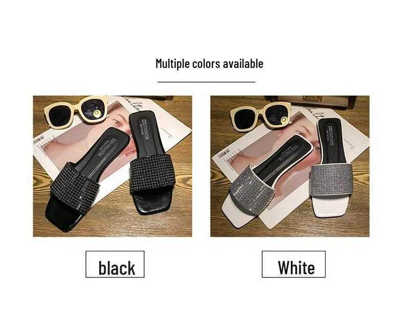 Women's Summer 2019 Rhinestone Flat Sandals - Trendy Korean-Style One-Line Slippers