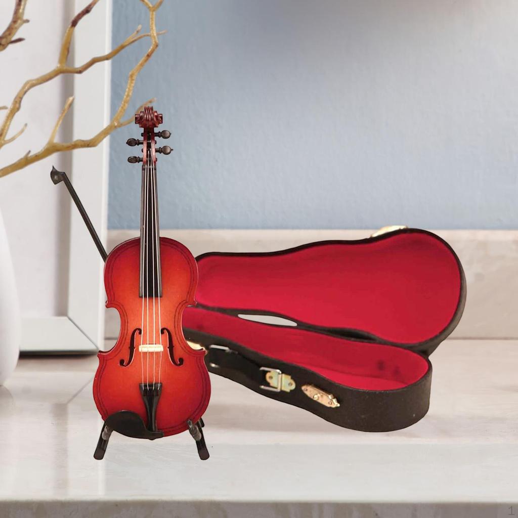 Wooden Miniature Violin Model Display Ornament Birthday Gift Dollhouse Accessories for Fireplace