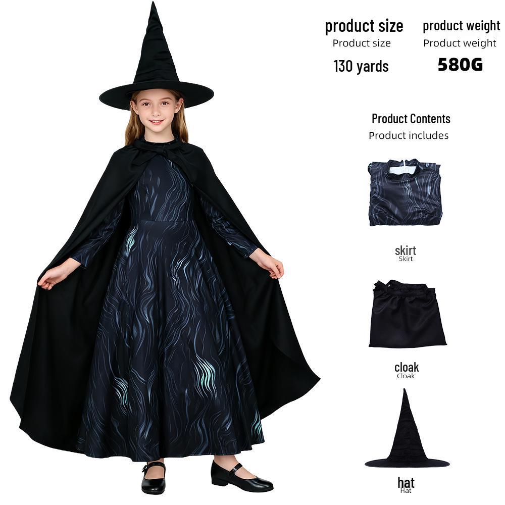 Magic Halloween Witch Child Glinda Costume Set - Long Flame Dress & Cloak 140