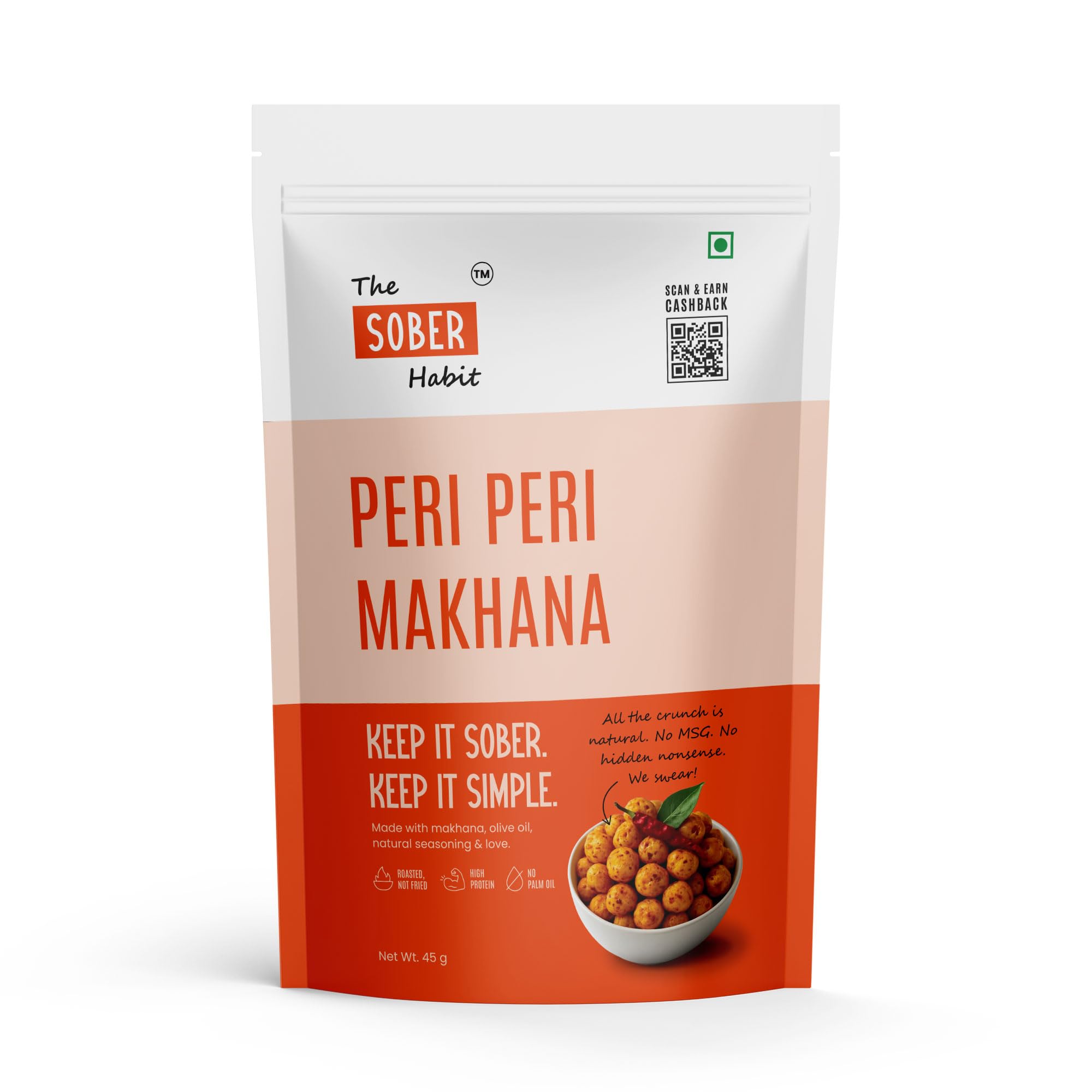 The Sober Habit Peri Peri Makhana, Roasted in Olive Oil, Gluten Free, High Protein, 45g