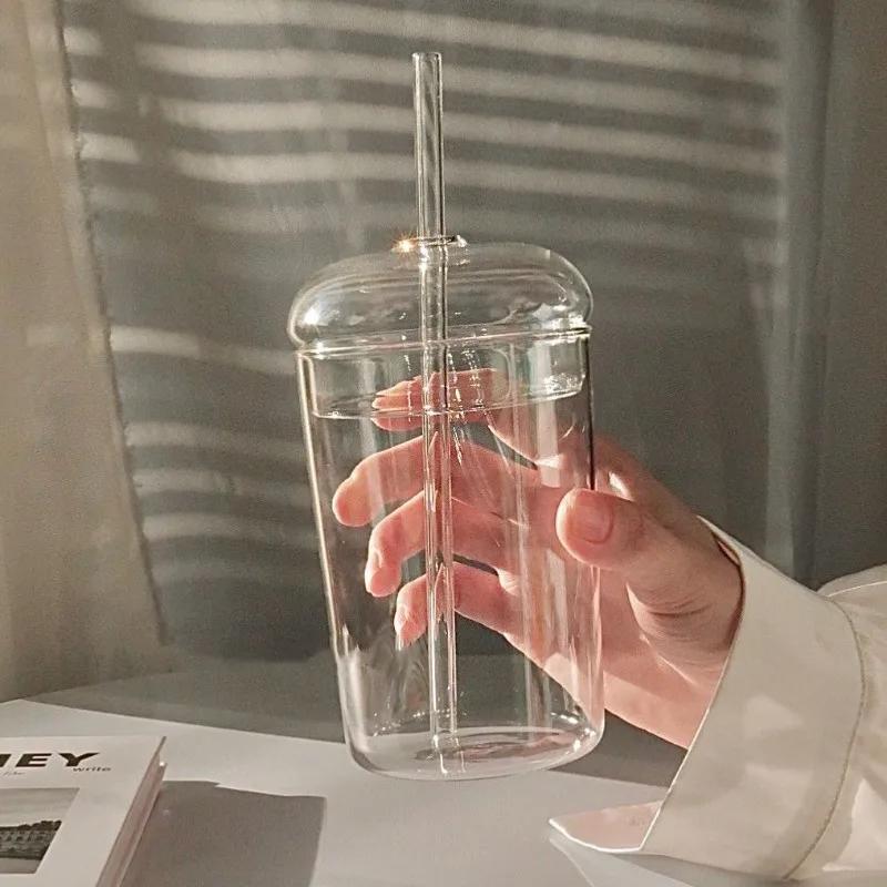 450ML Transparent Glass Iced Coffee Cup Ins Style Clear Glass with Lid and Straw Tea Cup Beer Juice Milk Water Cup Drinkware