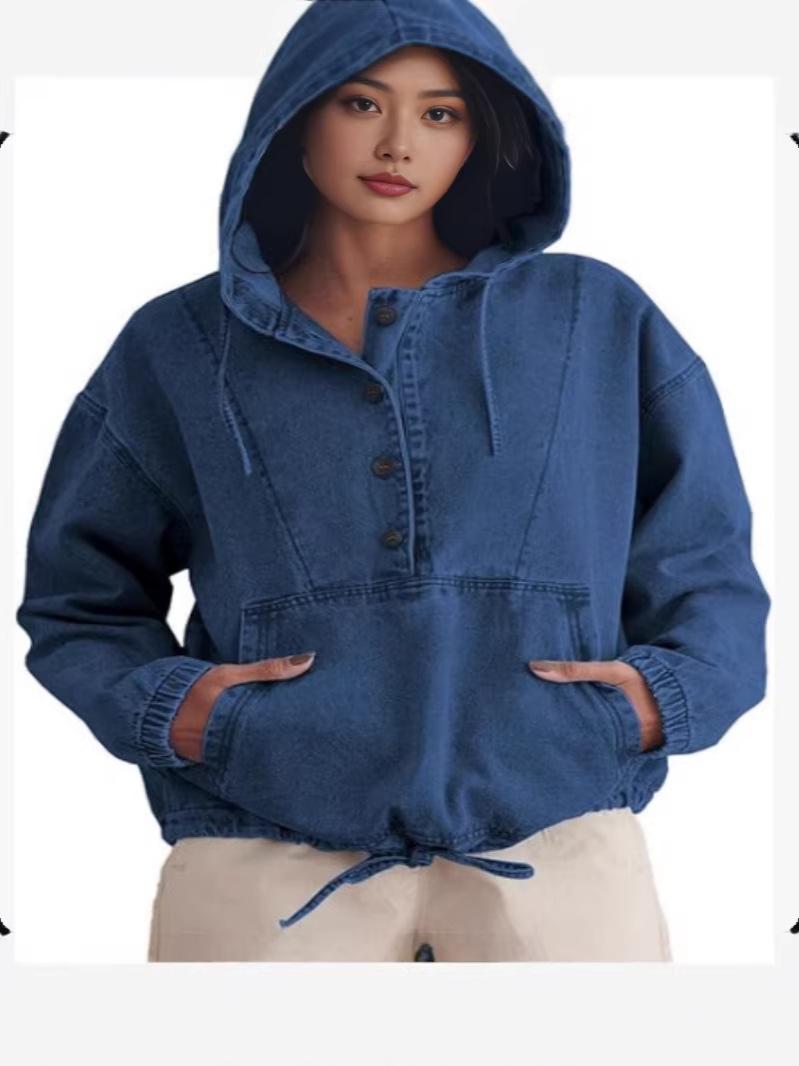 

Women s Elastic Denim Button-Up Hoodie Sweatshirt Jacket 4XL синий