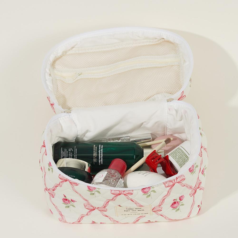 3Pcs Makeup Bag Set Cosmetic Organizer Bag Large Capacity Quilted Coquette Toiletry Bag Aesthetic Cotton for Outdoor Travel