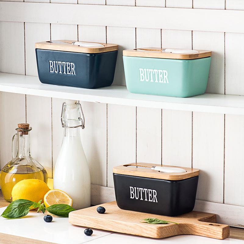 Ceramic Butter Box Rectangle Butter Sealed Box Butter Cutting Refrigerated Box Cheese Storage Box With Wooden Cover
