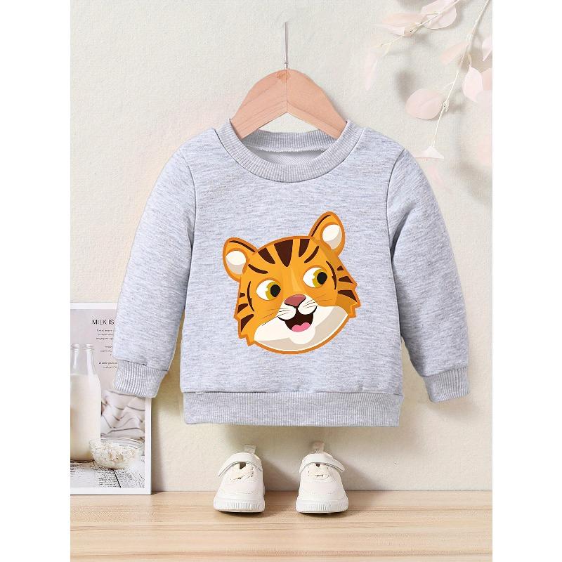Cartoon Tiger Print Crew Neck Sweatshirt - Casual Active Pullover for Kids - Regular Fit, Applique Detail, Slight Stretch Fabric