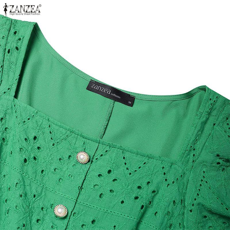 ZANZEA Women Square Collar Summer Casual Short Sleeve Crochet Dress