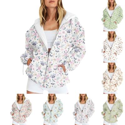 Dámska móda Neformálna kvetinová potlač Športové Športové oblečenie Jeseň a Zima Dlhý rukáv Vrecko Cardigan Bunda Bunda na zips Mikina s kapucňou Bunda