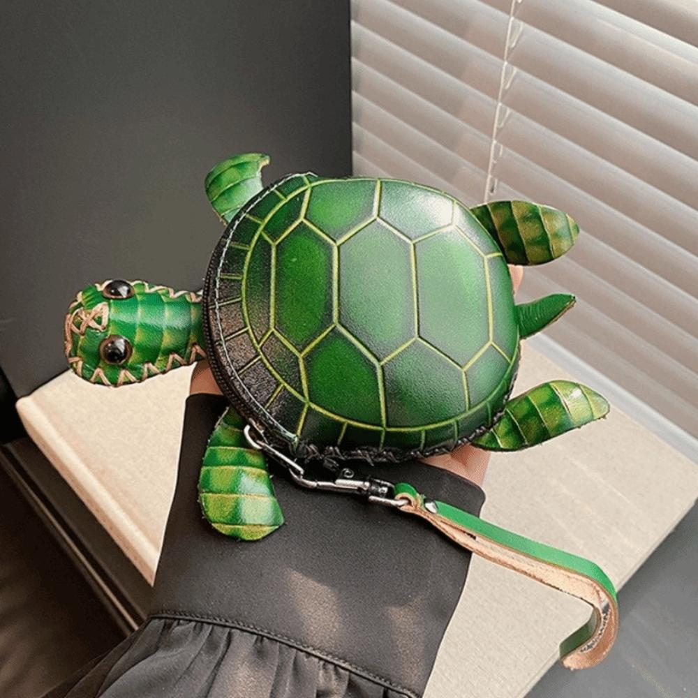 PU Leather Cute Turtle Coin Purse Zipper Closure Durable PU Leather Key Holder Cartoon Novelty Animal Mini Handbag Unisex
