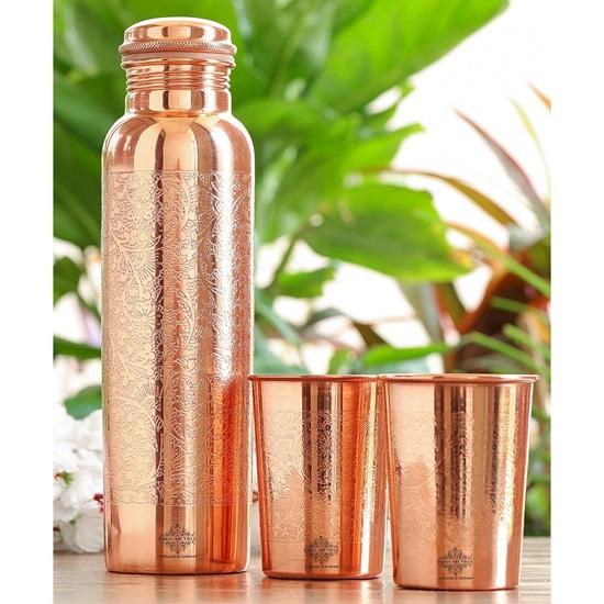 Pure Copper Drinkware Gift Set Embossed Design with 1 Bottle 900 ML, 2 Glasses 275 ML Gifting Item for Diwali, Weddings, Festive Occasions