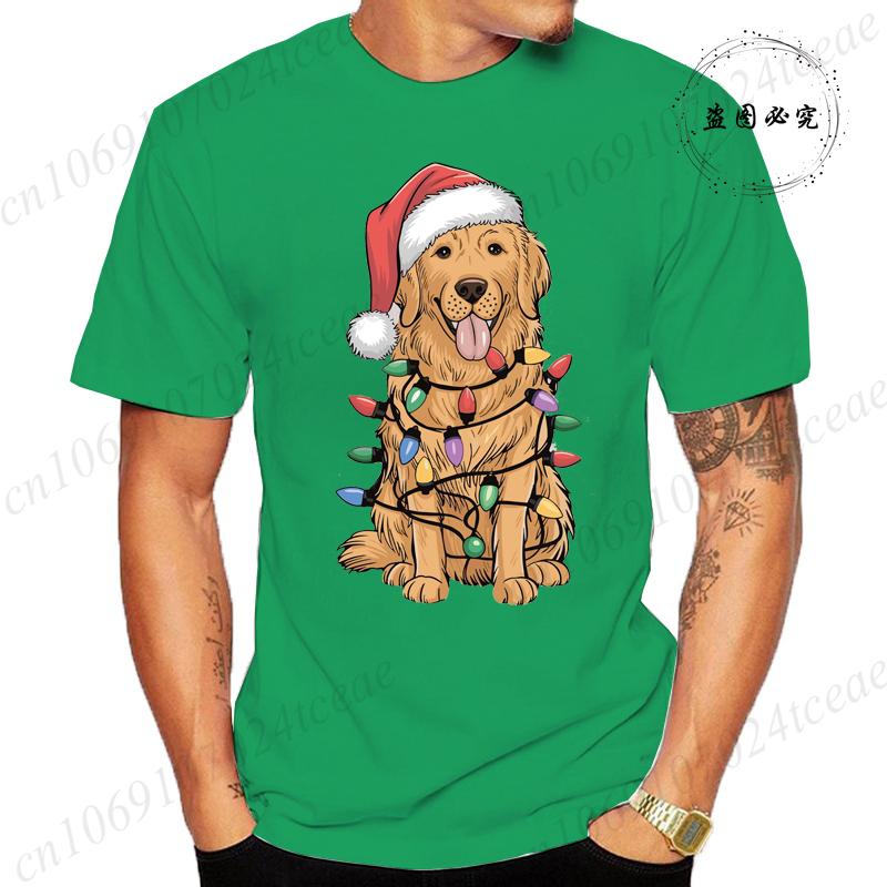 New Mens TShirts Christmas Golden Retriever Print TShirts Round Neck Short Sleeve Casual Tshirt Happy New Year Dog Shirts