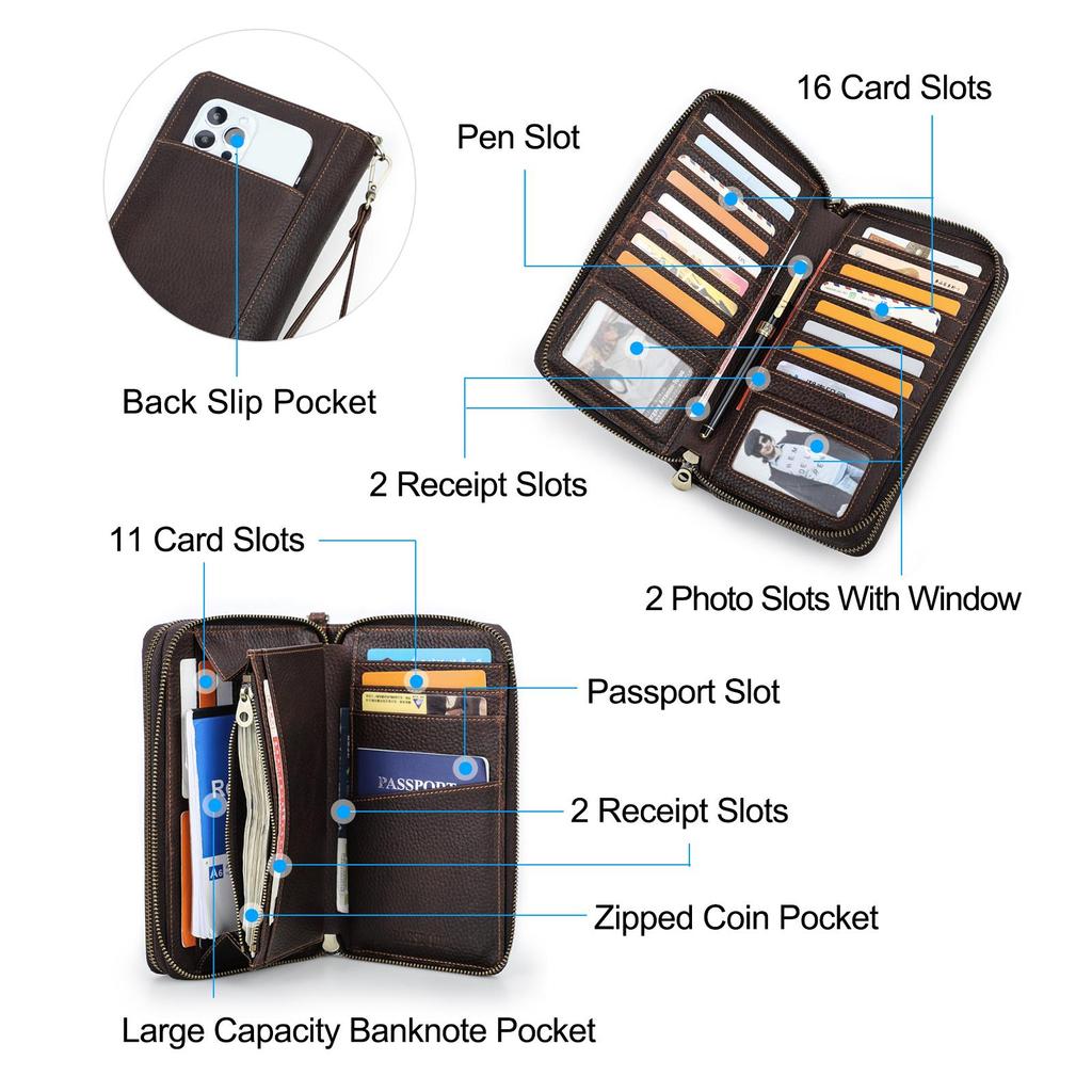 Portfel męski ze skóry naturalnej Clutch Zipper Card Holder Portmonetki męskie Vintage Długie portfele z paskiem na rękę