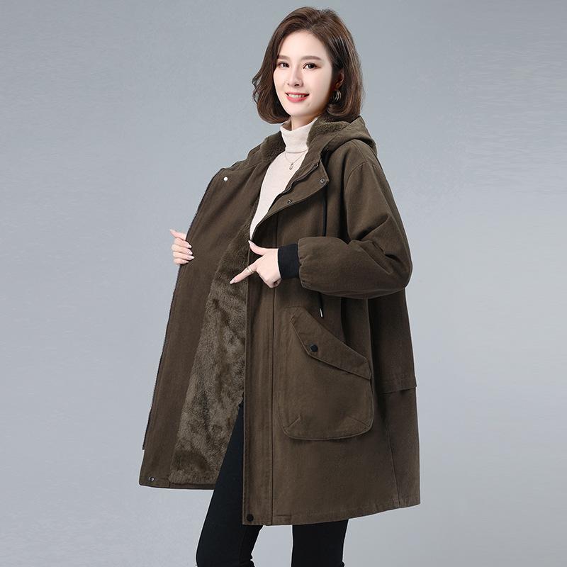 

Женская парка большого размера на бархатной подкладке - средней длины, толстое зимнее пальто для среднего и пожилого возраста XL (135-150 lbs)