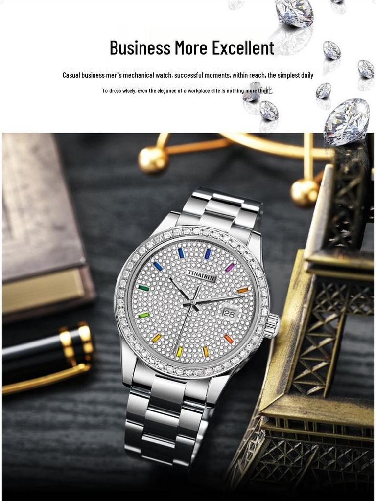 Swiss Automatic Men's Watch: Waterproof, Luminous, Diamond Accents, Steel Band, Quartz Movement.