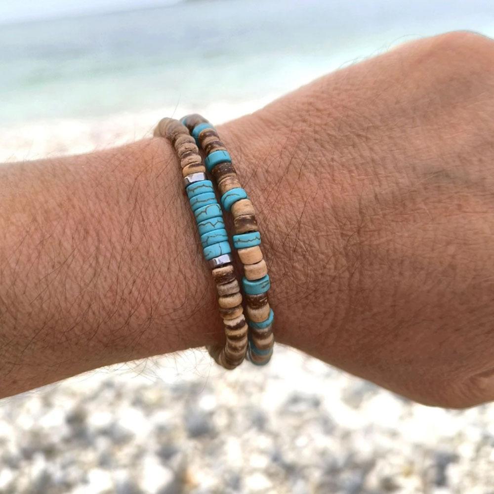 Natural Stone Wood Chip Coconut Shell Elastic Beaded Bracelet Set Retro Couple Beach Bracelet